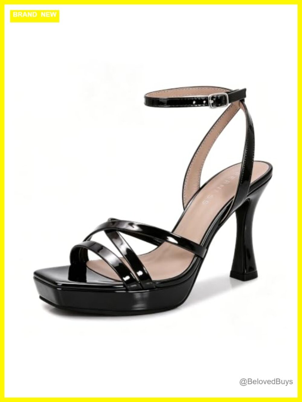 Faux Leather Square Toe Platform Heeled Sandals with Ankle Strap, 3.5in Heel